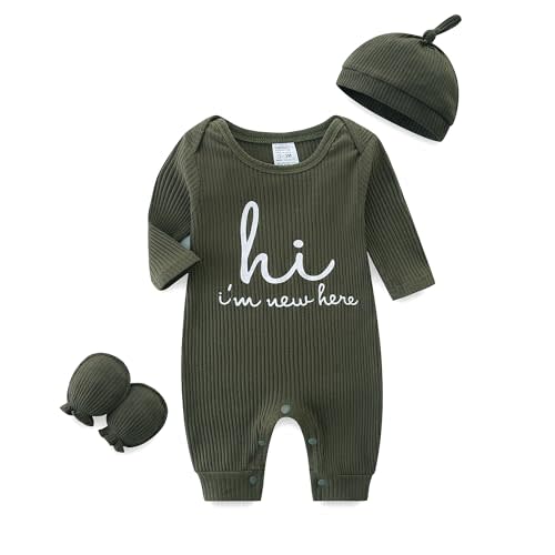 Unisex Newborn Baby Onesie Ribbed Romper Infant Long Sleeve Jumpsuit Hat and Gloves