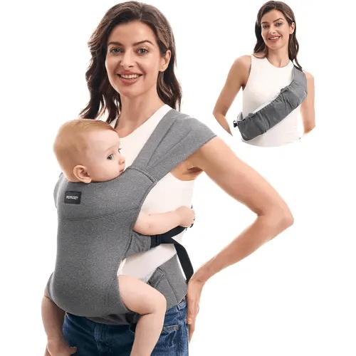 Momcozy Portable Baby Carrier – Compact & Lightweight, Adjustable for Travel, Fold & Go Convenient Storage Hip Pouch, Wide Shoulder Straps, Soft Skin-Friendly Fabric, for Babies 12–35 lbs (Grey)