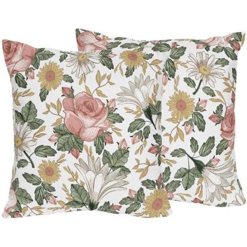 Sweet Jojo Designs Girl Decorative Throw Pillow Covers 18in. (Pillow Inserts Not Included) Vintage Floral Pink Green and Yellow 2pc