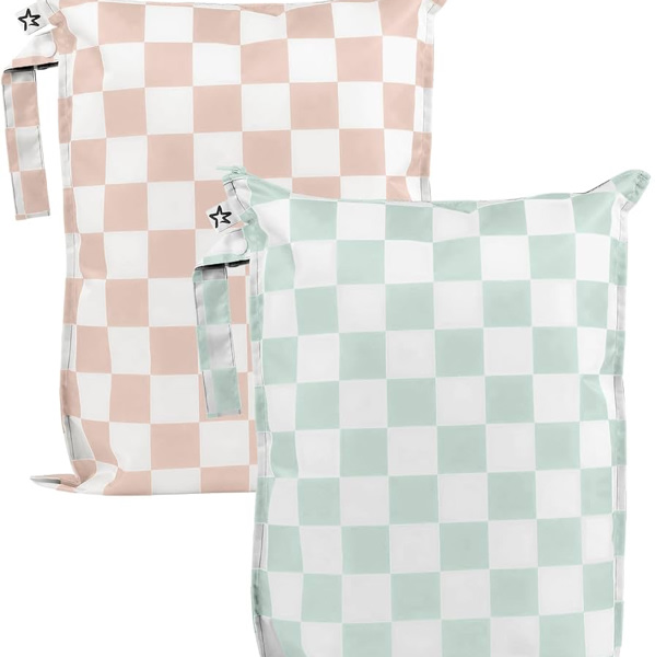 Tiny Twinkle Mess-Proof Waterproof Washable Baby/Toddler Wet Bags for Diapers, Swimsuits and Travel (Pink, Brown Checkers)