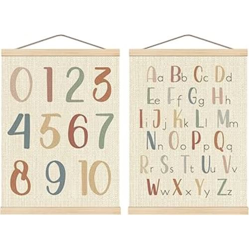Alphabet Numbers Boho Nursery Poster Hanger Frame Set of 2, Colorful ABC 123 Educational Wall Art Hanging Banner Decor for Nursery Kids Room Playroom Classroom Homeschool, 12x16