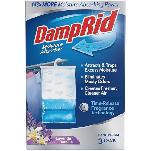 DampRid Lavender Vanilla Hanging Moisture Absorber, 16 oz., 3 Pack - Eliminates Musty Odors for Fresher, Cleaner Air, Ideal Moisture Absorbers for Closet, Blue, Small