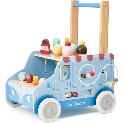labebe Wooden Baby Walker, Push Activity Walker for Boys Girls 12M+, Push Walker Toy for Kids Learning to Walk, Adjustable Speed Learning Walking with Wheels, Birthday Gift for Babies Ages 1-3 (Blue)