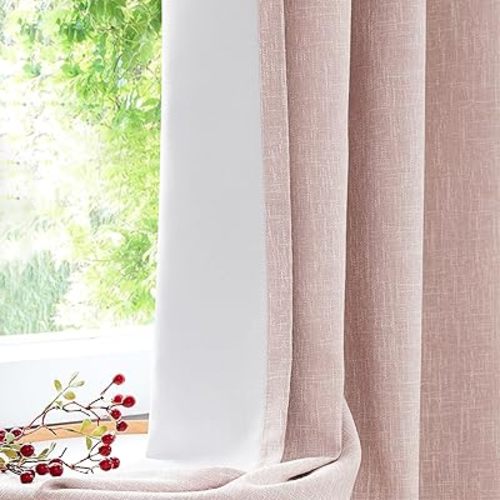 Pink Solid Blackout Curtain Heavy Linen Texture Window Treatment Panel for Bedroom Noise Reducing Triple Weave Drapes Grommets Top for Living Room with Liner, Rose Pink, 50"x63"x2