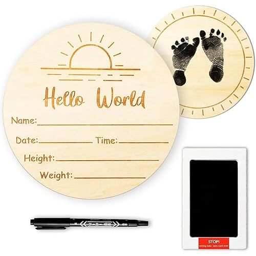 Baby Announcement Sign, 5.9" Wooden Hello World Newborn Sign with Marker Pen, Ink Pad for Baby Hand Footprints, 2 Sided Boho Sun Baby Name Announcement Sign for Nursery Hospital Baby Shower Keepsake