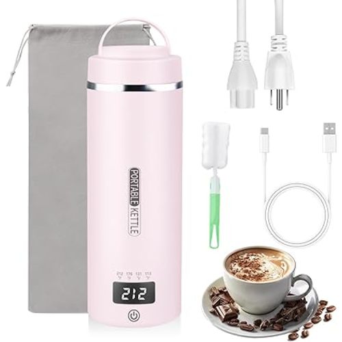 Travel Kettle Portable Electric Kettle with Plug-in Boiling & Keeps Warm via USB, Portable Water Boiler with 4 Temperature Settings, 304 Stainless Steel with Auto Shut-off 16oz(Pink)