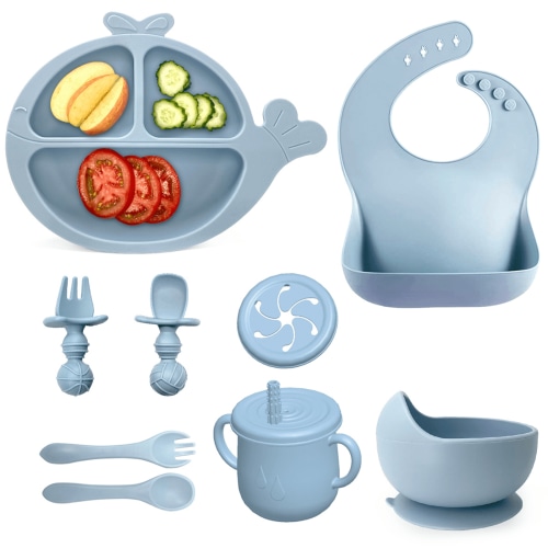Soft Silicone Baby Feeding Set, Baby Weaning Set, Children's Cutlery Set with Adjustable Bib, Suction Cup Whale Divider Plate, Suction Cup Bowl, Stage 1 & 2 Spoon & Fork (Blue)