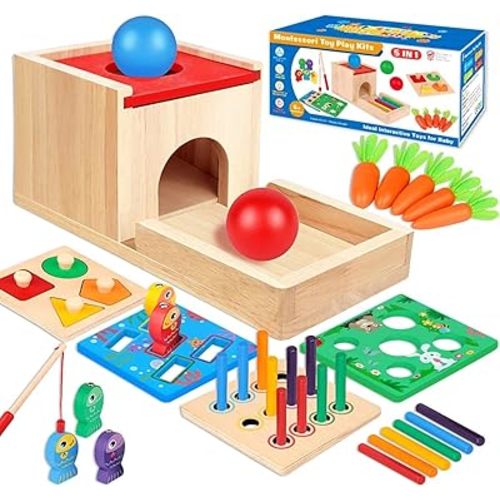 Montessori Toys for 1 2 3 Year Old: 5 in 1 Wooden Toys Kit Includes Object Permanence Box with Ball Drop Toy Shape Sorter & Other Educational Toys for Babies 6-12 Months
