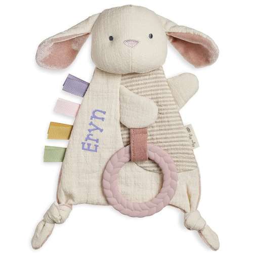 Personalized Pink Bunny Teether & Crinkle Baby Lovey Gift: Baby name security blanket, custom newborn lovie