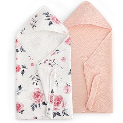 david's kids 2 Pack Hooded Baby Towels, Large 32"x32", 6 Layer 100% Muslin Cotton Highly Absorbent Girl Bath Towel for Newborn, Infant and Toddler. Ultra Soft and Breathable Baby Essentials, Rose