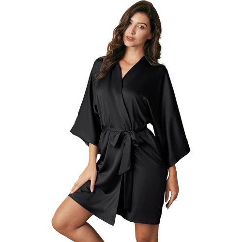 AW BRIDAL Silk Robes for Women, Short Bridesmaid Robes for Bridal Wedding Party, Bride Satin Bathrobe with Long Sleeve