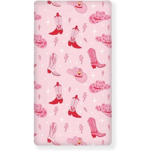 Western Boots Baby Crib Sheets for Boys Girls Cowgirl Pink Breathable Soft Mini Fitted Crib Sheet for Standard Toddler Mattress 52x28x8 in