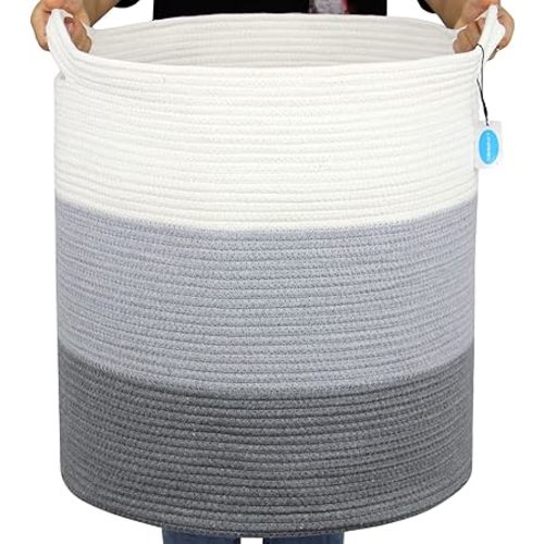 Casaphoria Cotton Rope Storage Basket for Organizing,Round Blanket Basket Living Room,Woven Laundry Basket with Handles for Bathroom Bedroom,Stripe Woven Cotton Laundry Hamper,Tall Laundry Basket