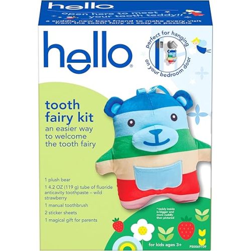 hello Tooth Fairy Kit with Tooth Fairy Door Hanger and Teddy Bear, Includes Full Size Fluoride Kids Strawberry Toothpaste and Kids Toothbrush, for Children Ages 3 and Up