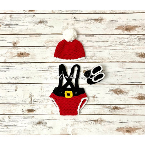 Crochet - Christmas Santa outfit- Beanie Hat, Diaper Cover , Booties Available (Preemie - 6 months)