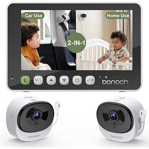 bonoch 2-in-1 Car Home Dual-Use Baby Monitor, 5" 1080P HD Clear View Wireless Monitor, 2 USB Powered Cameras for Baby, Seamless Transition Between Car & Home, 360° Rotatable, Night Vision