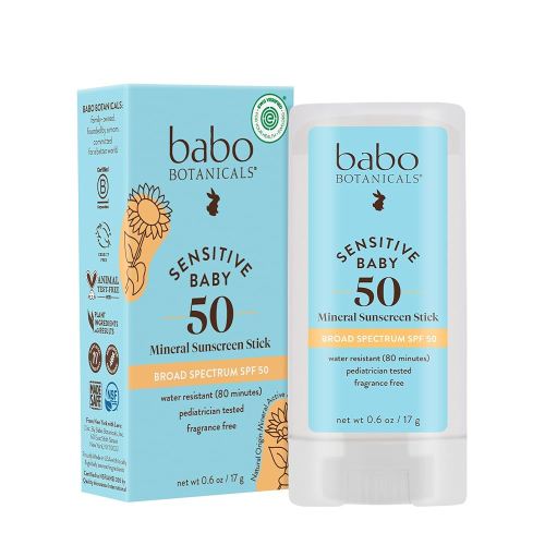 Babo Botanicals Sensitive Baby Mineral Sunscreen Stick SPF 50-70% Organic Ingredients - Zinc Oxide - NSF & Made Safe Certified - EWG Verified - Water Resistant - Fragrance-Free - for Babies & Kids