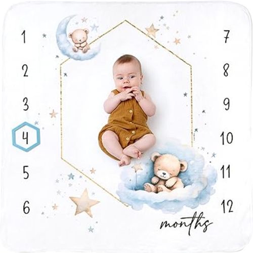 Baby Monthly Milestone Blanket for Boys- Soft Thick Fleece 46"x46" - Perfect Photo Growth Chart for First 12 Months - Extra Cozy for Pictures, Creating Monthly Memories - Sleepy Bear Design