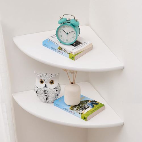 Corner Shelf, White Floating Corner Shelf, Set of 2 10inch Solid Oak Wood Wall Shelves, Round End Wall Mount with Wire Hole for Small Plant for Bedroom Kitchen, Living Room