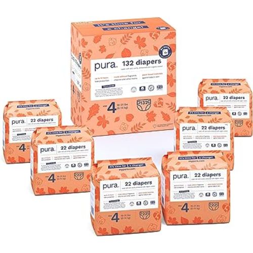 Pura Size 4 Eco-Friendly Diapers (18-31 lbs) Hypoallergenic, Soft Organic Cotton, Sustainable, up to 12 Hours Leak Protection, Allergy UK, Recyclable Packaging, 6 Packs of 22 (132 Diapers)
