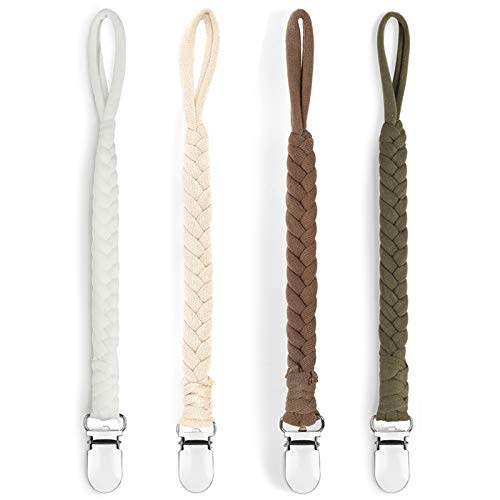 Kapihouse Pacifier Clips for Boys and Girls, Baby Holder Leash, Teething Toy or Soothie by Hand-Made Braided(4 Pack, Color E)