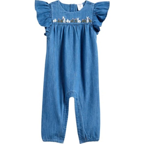 Embroidered Flutter Sleeve Denim Romper, 6M