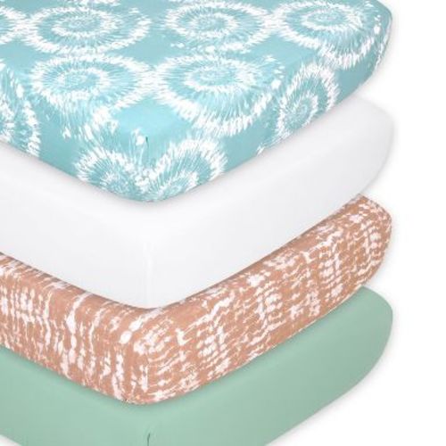 The Peanutshell Fitted Crib Sheet Set for Baby Boys and Girls, Boho Tie Dye, 4 Pack | Blue, Green, Brown