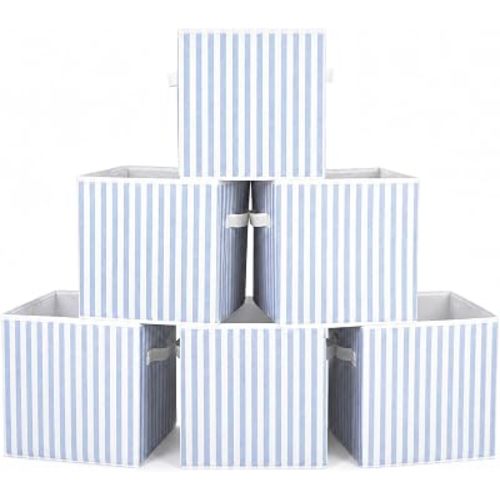 Bokon 6 Pcs 11 Inch Blue Striped Fabric Storage Cubes Collapsible Storage Basket Bins with Handle Foldable Organizing Baskets for Shelves Closets Clothes Books Toys Organizing