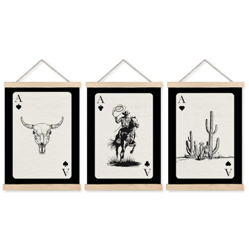 FITIE Trendy Retro Western Bull Skull Cowboy Rodeo Cactus Playing Ace Card Wall Art Set of 3, Vintage Western Decor&Funky Black Western Poker Canvas Wall Art Poster Hanger Frame, 12x16 Inch