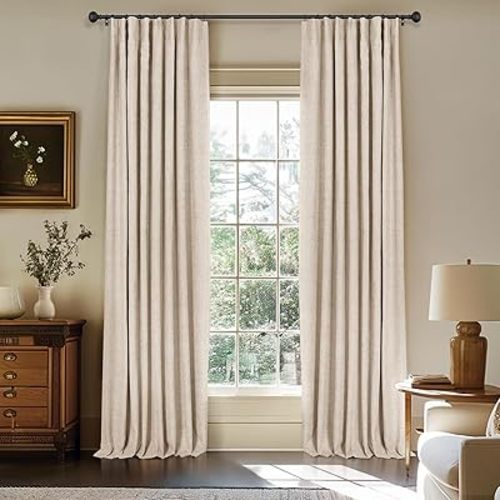 INOVADAY 100% Blackout Curtains for Bedroom, Black Out Curtains 96 Inch Long, Clip Rings Linen Blackout Drapes, Thermal Insulated Room Darkening for Living Room, 2 Panels - Oatmeal,W50xL96