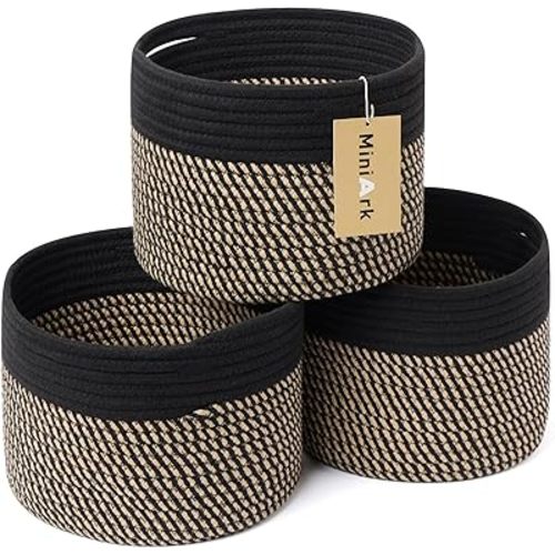 Small Basket for Organizing | Cube Shelf Closet Storage Baskets | 9.7×9.7×7.1” | Woven Rope Gift Basket | Nursery | Round 3 Packs Black Brown