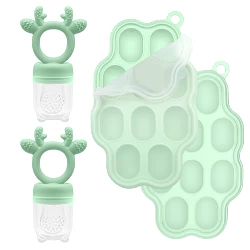 2 Sets Silicone Breastmilk Popsicle Molds with Baby Food Feeder, BPA Free Fruit Feeder Pacifier with Frozen Ice Tray for Baby Feeding Safely, Infant Fruit Teething Toy for Baby Boy Girl Gifts (Green)