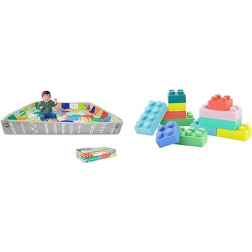 Infantino Foldable Soft Foam Mat & Super Soft Building Blocks, Easy-to-Hold for Babies & Toddlers, BPA-Free, Multi-Colored, 12-Piece Set