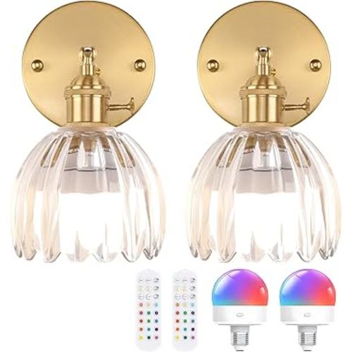 Vintage Battery Operated Wall Sconce with Cute Transparent Tulip Glass Lampshade Wireless Rechargeable Battery Powered Wall Light with Remote Control for Bedside Bedroom Doorway, Set of 2