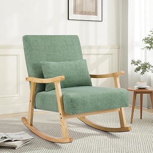 Modern Upholstered Rocking Chair,Comfy Glider Rocker with Lumbar Pillow & Wooden Legs, Cushioned Back Armchair for Reading, Relaxation in Living Room Bedroom Nursery, Green