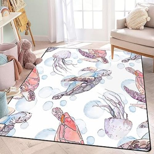 5' x 7' Blue Turtle Area Rug Ocean Animal Throw Rugs Coastal Beach Carpet Sea Floor Mat Pad Doormat for Kids Bedroom Living Room Bathroom Washable Non-Slip