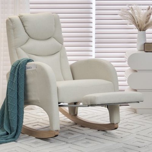 Nursery Rocking Chair with Two Side Pockets & Adjustable Footrest, Cotton Linen Fabric Rocker with High Backrest, Modern Rocking Accent Chair for Living Room, Bedroom, Beige