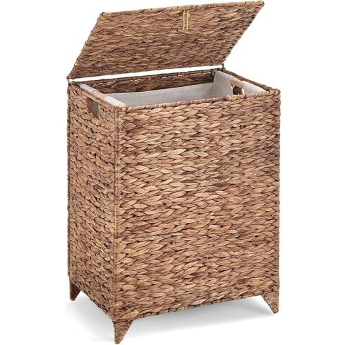 Large Laundry Hamper with Lid and Removable Liner Bag, Wicker Laundry Basket with Heightened Feet, Foldable Rattan Clothes Hamper, Handwoven Water Hyacinth Laundry Basket for Clothes and Towels