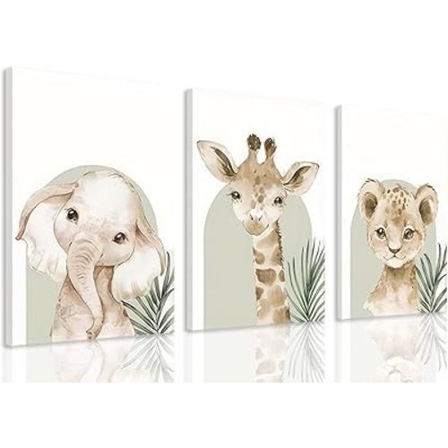 HNNXAR Nursery Canvas Wall Art Set Of 3 Baby Boy Girls Kids Room Picture Wall Decor Jungle Safari Lion Elephant Giraffe Poster Painting Cute Animal Prints For Children Toddlers Bedroom 12x16 Framed
