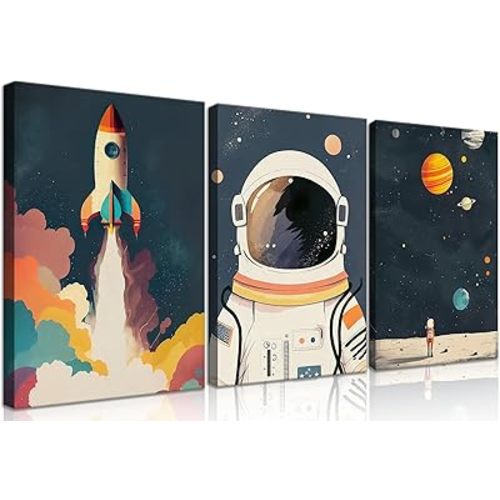 3Pcs Astronaut Wall art Nursery Space Adventure Posters Prints Rocketship Wall Decor Explore Dream Galaxy Canvas Prints Funny Planet Painting for Boys Girls Kids Bedroom Living Framed