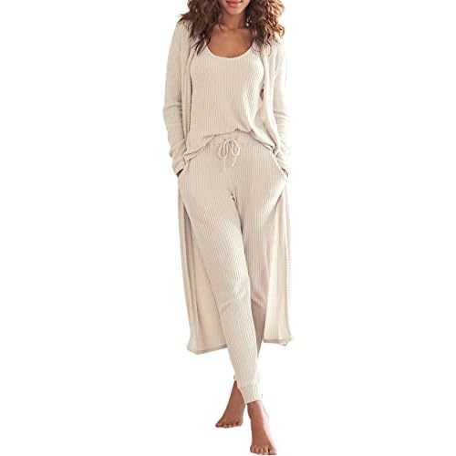 Eurivicy Womens Lounge Set Waffle Knit 3 Piece Pajama Sets Tank Tops Loose Pants with Long Cardigan Loungewear 2024