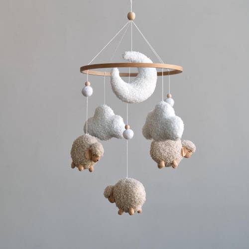 Sheep baby mobile, Counting sheep crib mobile, Neutral nursery mobile, Boucle cloud mobile, Lamb mobile,  Baby shower gift, Crib mobile
