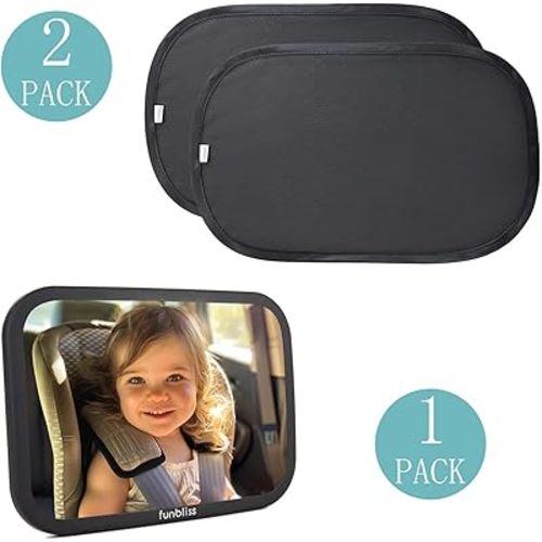 Funbliss Baby Car Mirror + 2 Pack Car Window Shades UPF 50+, Wide Angle Convex Mirror for Baby Rear Facing, 360-Degree Adjustable, Easy Assembly-Free