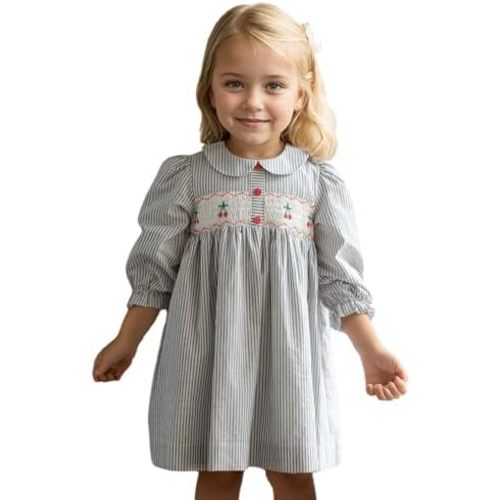 Baby Girls Long Sleeve Smocking Clothing Toddler Fall Floral Smocked Dress Vintage Dresses for Christmas Birthday Holiday