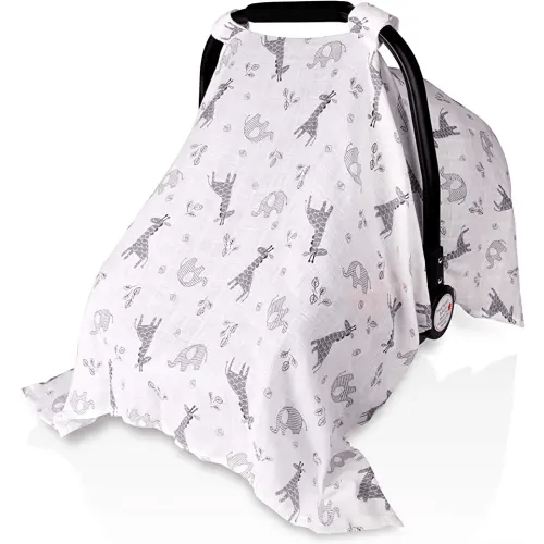 Baby Car Seat Covers for Boys Girls, Metplus Muslin Infant Carseat Canopy, Lightweight Breathable Newborn Carrier Canopies Stroller Cover, Universal Fit Large Size 47.2 x 35.4 inch, Elephant Giraffe