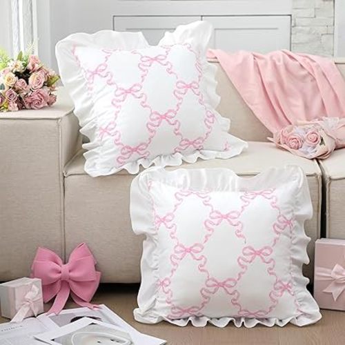 Bow Pillow Covers Set of 2 Pink Ruffle Pillow Cases Coquette Pillowcase Sham Covers Cute Preppy Bow Pillows Decorative Girly Apartment Bedroom Room Decor(18 x 18'')