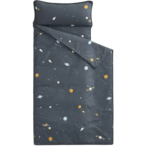 Wake In Cloud - Toddler Nap Mat with Pillow and Blanket, 100% Cotton Fabric, for Kids Boys Ages 3 Plus in Daycare Kindergarten Preschool, Roll Up Sleeping Bag, Galaxy Spaces