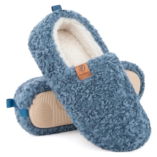 EverFoams Women’s Soft Curly Full Slippers Memory Foam Lightweight House Shoes Cozy Loafer with Polar Fleece Lining