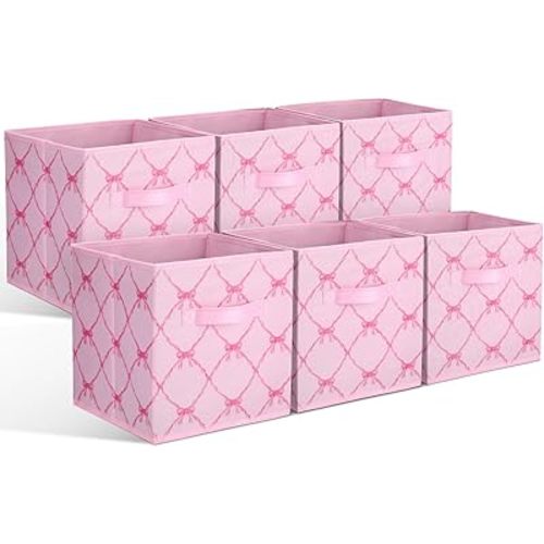 Geelin 6 Pcs Pink Bow Cube Storage Bins 11 Inch Bow Storage Basket with Handle, Preppy Girls Organizer Basket, Collapsible Fabric Box for Classroom Bedrooms Office Home Decoration Mother's Day