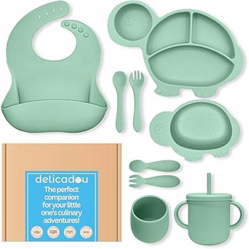 Baby Led Weaning Supplies - Silicone Baby Feeding Set - Ultra Complete Silicone Suction Plate Set. 9 Pieces Toddler Baby Dish Set - First Stage Solid Food Eating Baby Utensils. 6+ Months. Turtle Shape